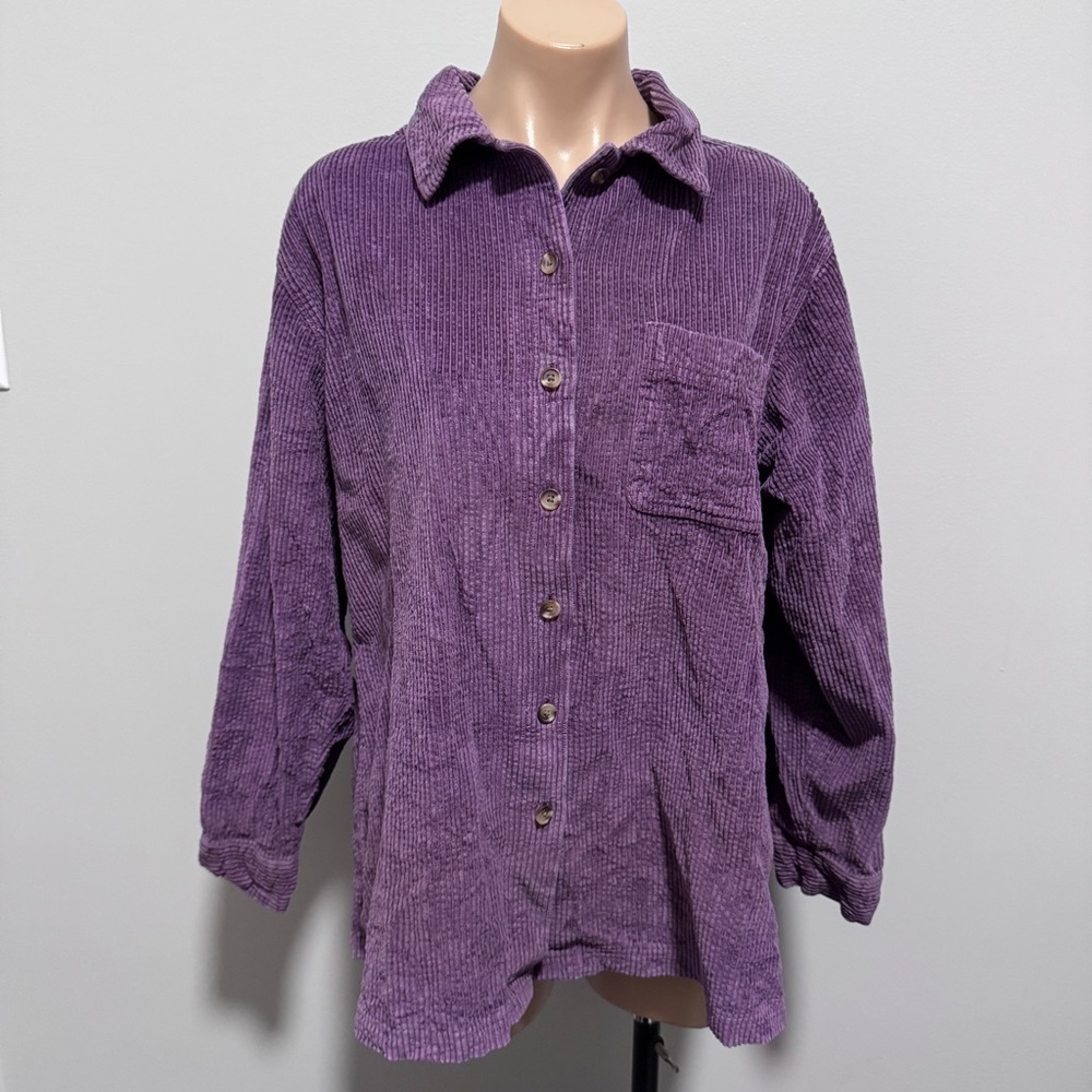 L. L. Bean Corduroy Purple Button Down Shirt Shacket Large Vintage